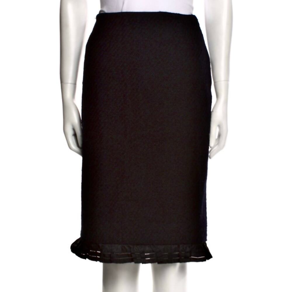 Vintage Oscar De La Renta Black Wool Tweed Silk Ruffle Pencil Skirt 10